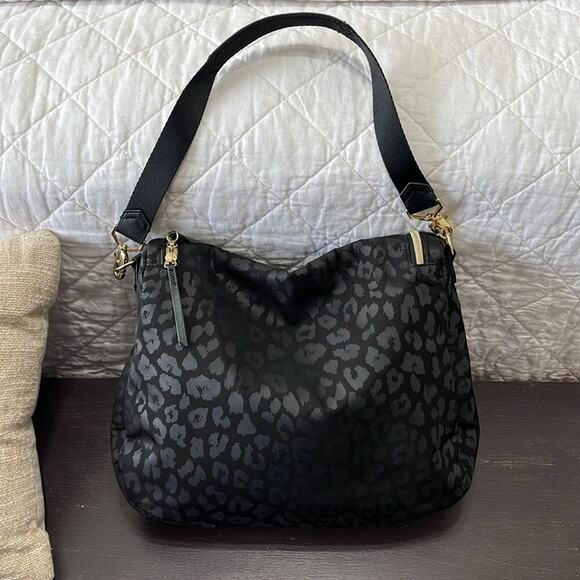 Stella & Dot Black Nylon Leopord Shoulder Bag 12"x10"x3" - Picture 2 of 5